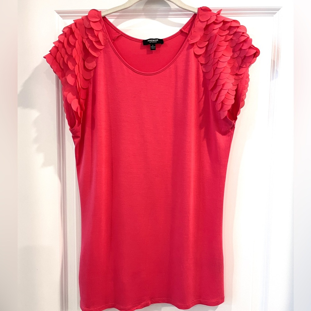 Premise Pink Mermaid Scallop Statement Sleeves Scoop Neck Knit Top Whimsy Large